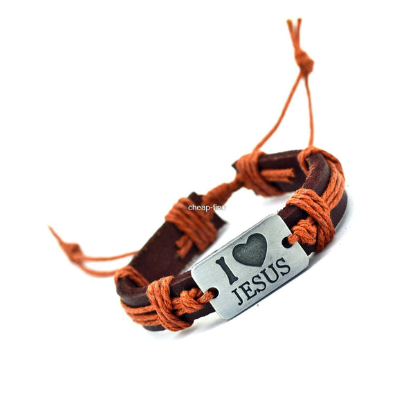 I Love Jesus Genuine Leather Charm Bracelet