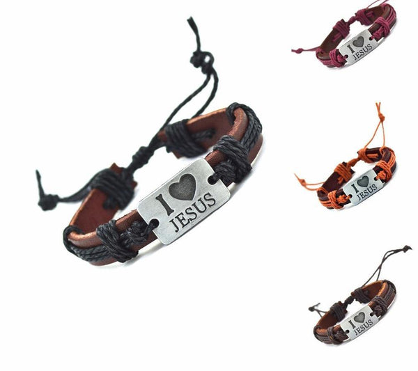 I Love Jesus Genuine Leather Charm Bracelet