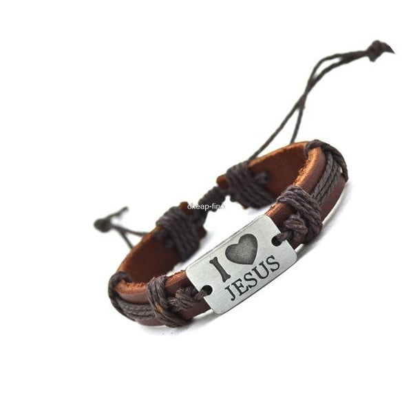 I Love Jesus Genuine Leather Charm Bracelet
