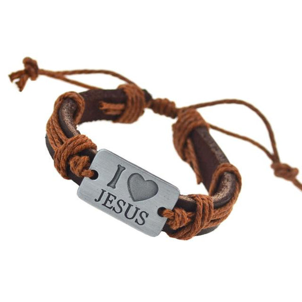 I Love Jesus Genuine Leather Charm Bracelet